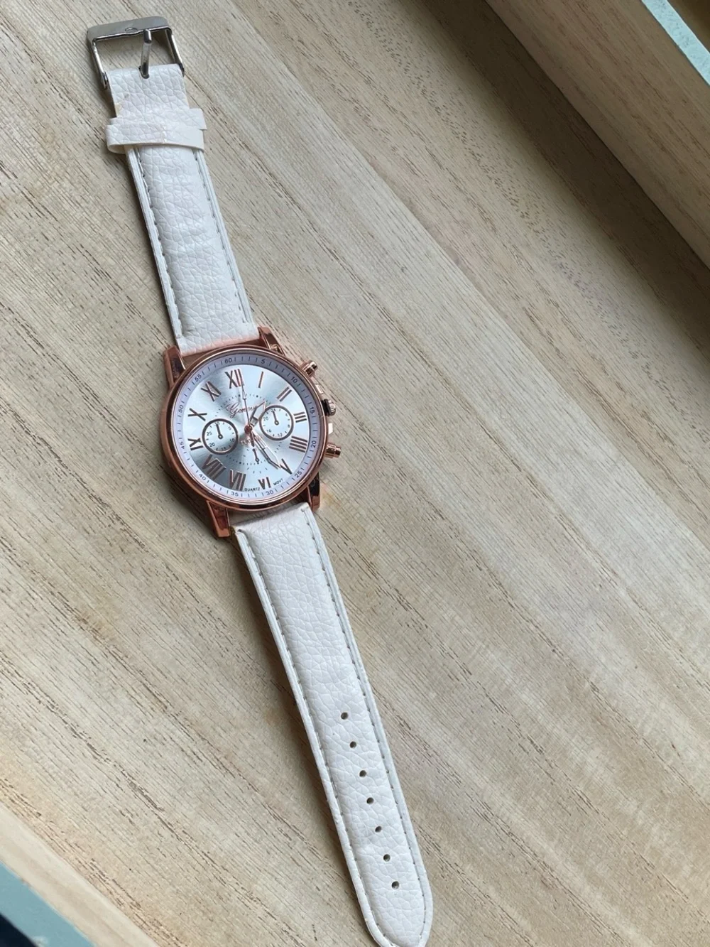 Womens Cream Leather Strap Watch with Rose Gold Case